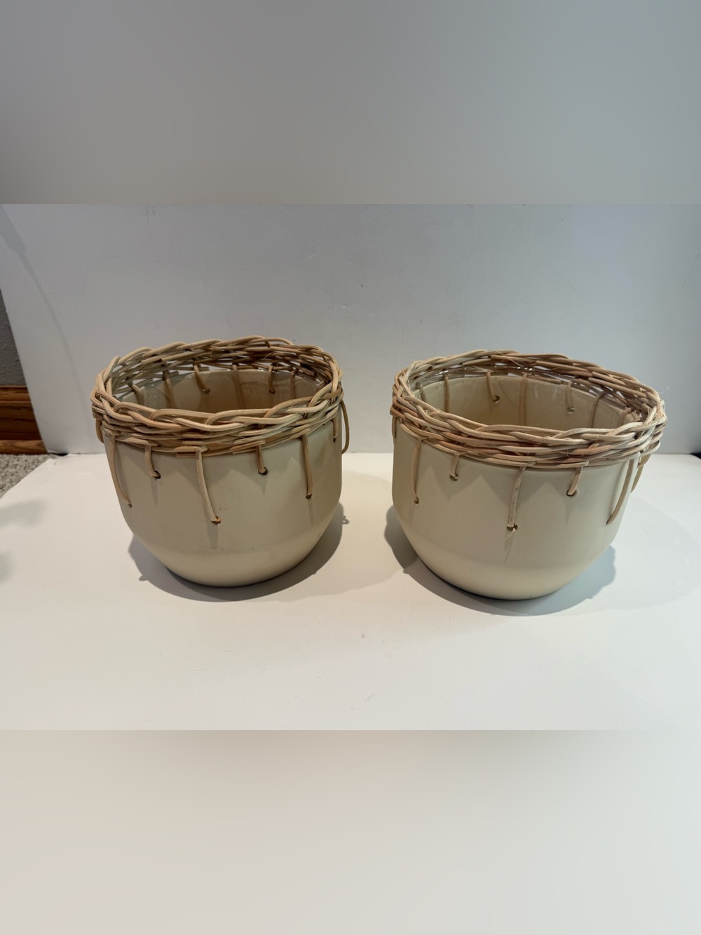 Set of 2 Cream Ceramic Planter Pots Woven Rattan Basket Trim Boho